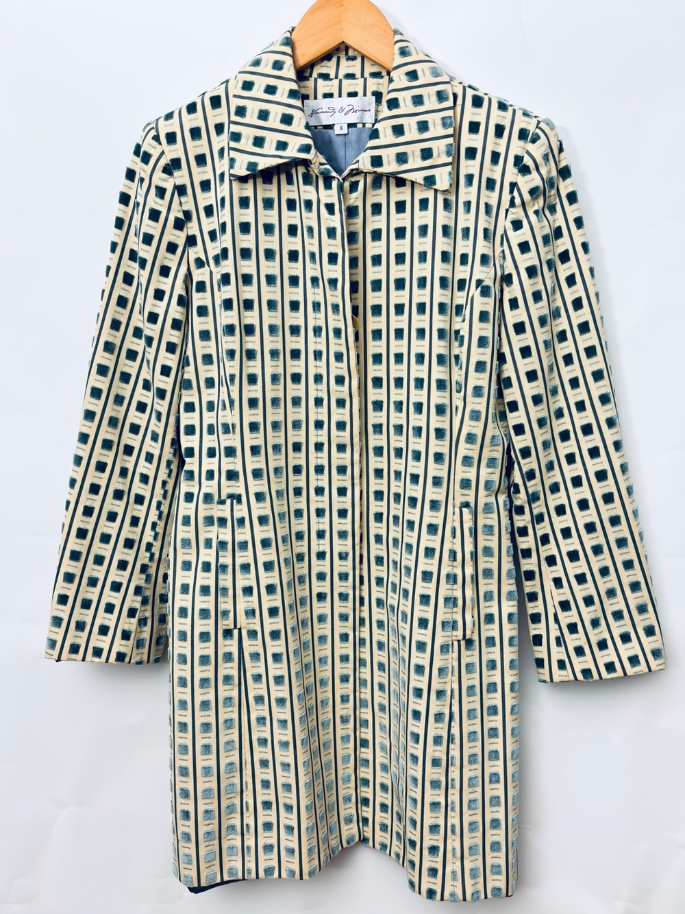 Normandy & Monroe Velvet Geometric Pattern Long Coat Cream & Teal Luxury 8